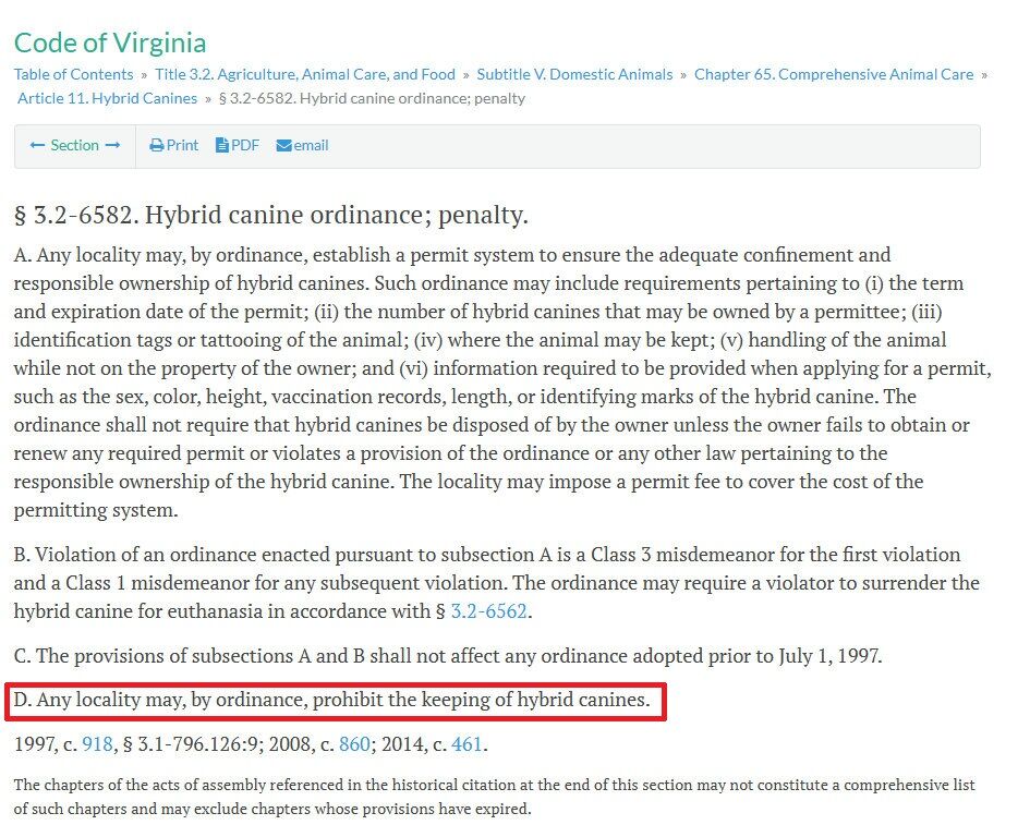 Virginia law, canine hybrids